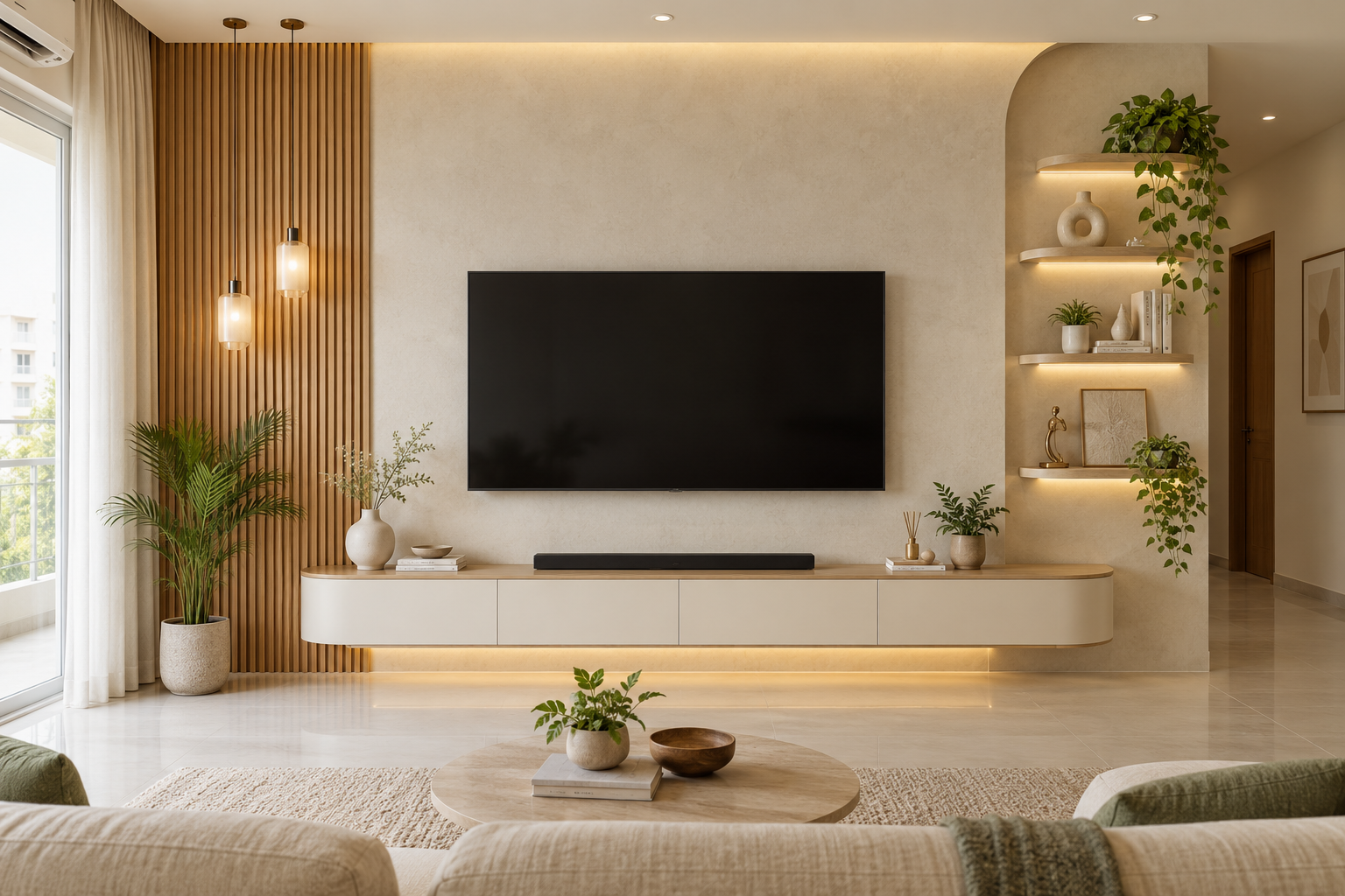 Modern TV unit design for a Gerugambakkam Chennai living room