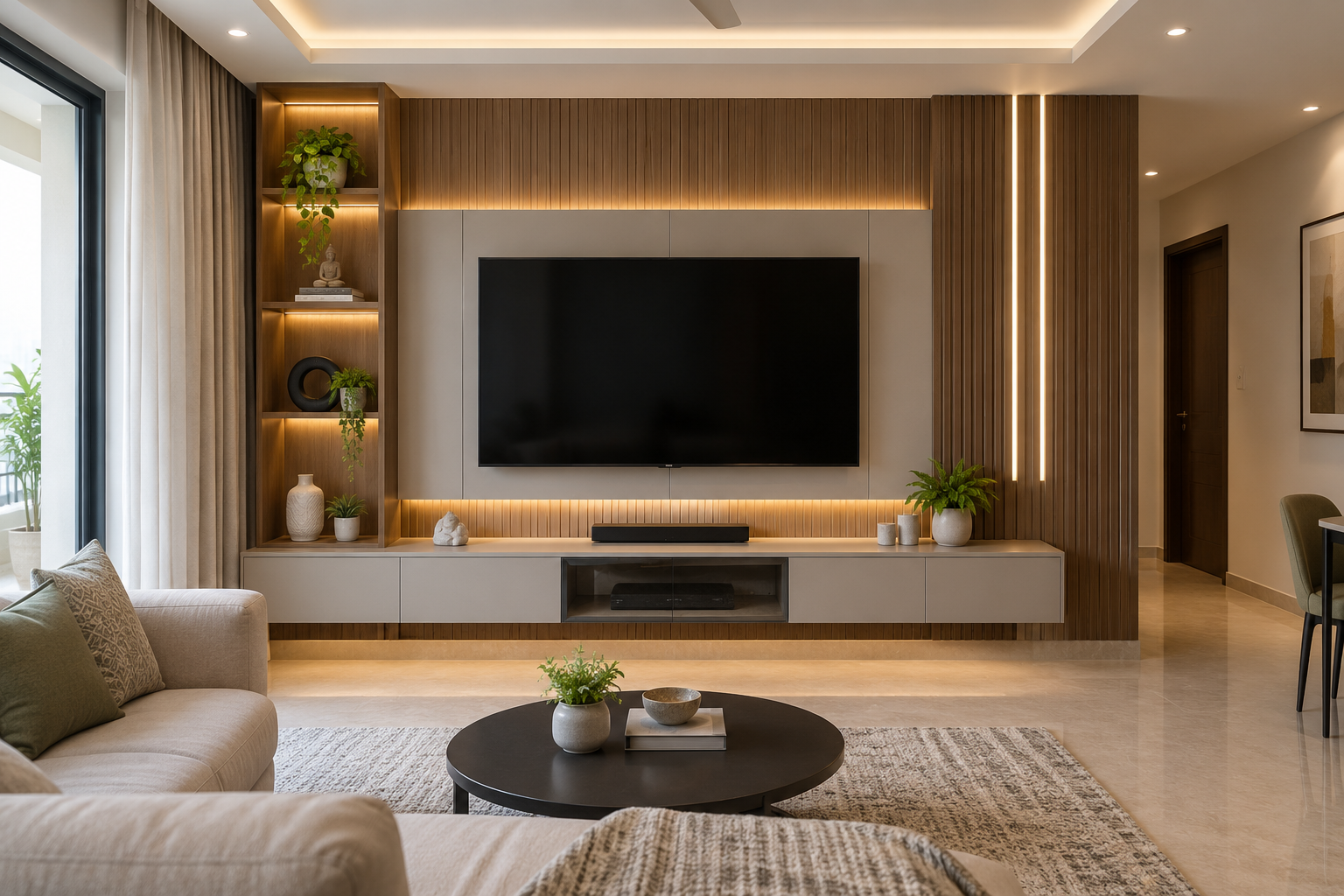 Modern TV unit design for a Poonamallee Chennai living room